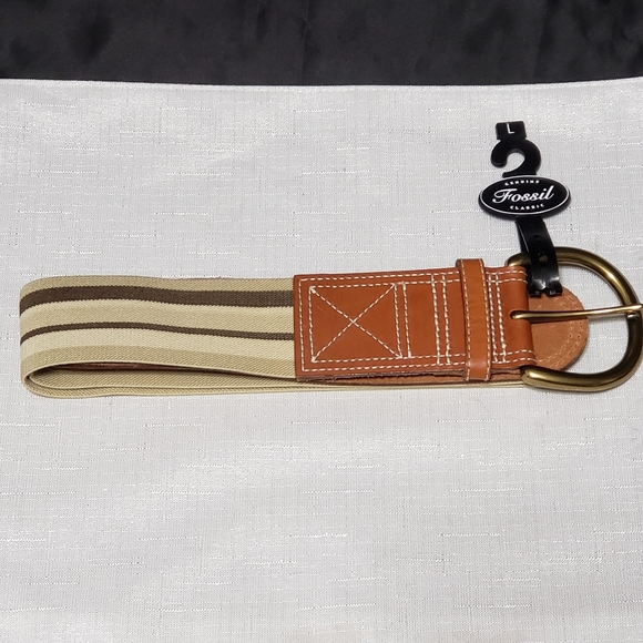 Fossil NWT Stretch Khaki Stripe Elastic Belt Sz L - Picture 4 of 9